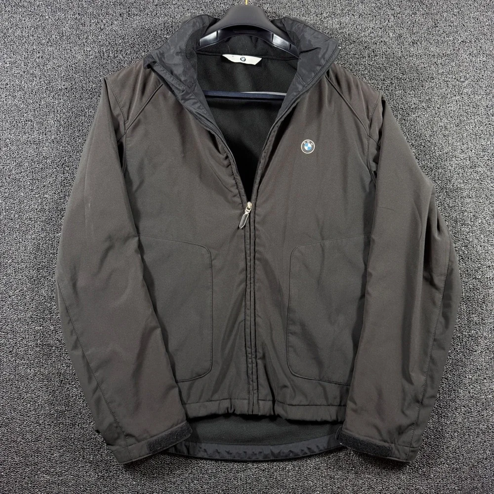 BMW Men's XL Softshell Fleece Lined Jacket Full Zip Stowable Hood Black Grey